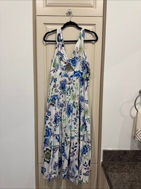 White Floral Maxi Dress with Blue Flower Print
